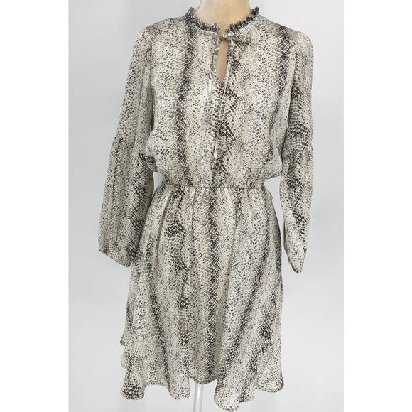 Gibson Womens Dress XS Grey Snake Print Blouson Ruffle Trim Keyhole Mini NWT - Picture 4 of 10